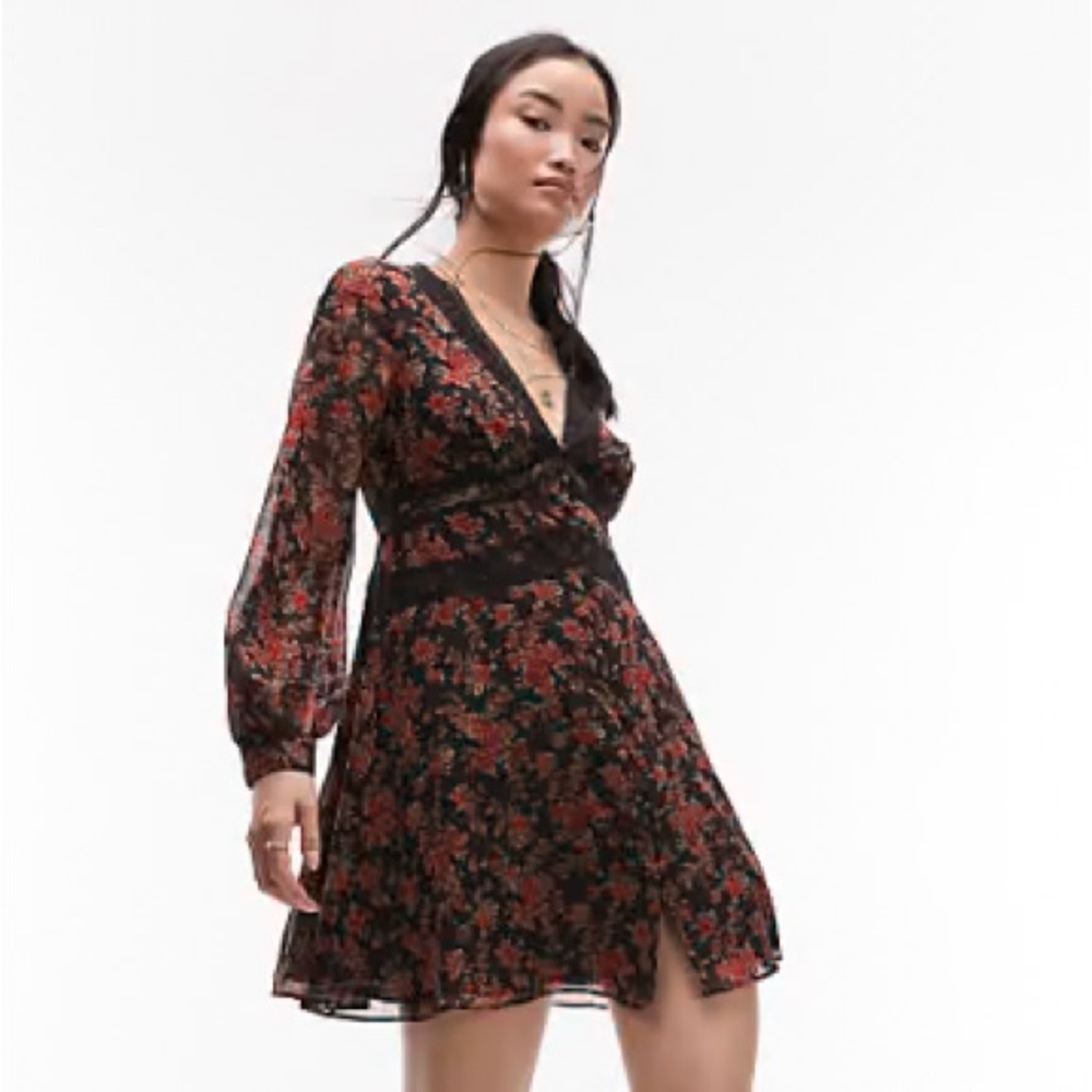 Topshop V-neck lace mini tea dress in red floral